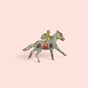 Estate Sale Find- unique Gold Tone Equestrian Horse Pin with Red Stones brooch
